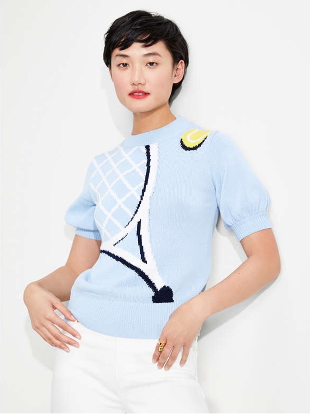 Kate Spade Game Set Match Tennis Racket Sweater Blue XS